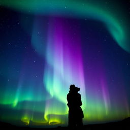 A breathtaking night scene featuring a star-studded sky illuminated by vibrant auroras in shades of green and purple