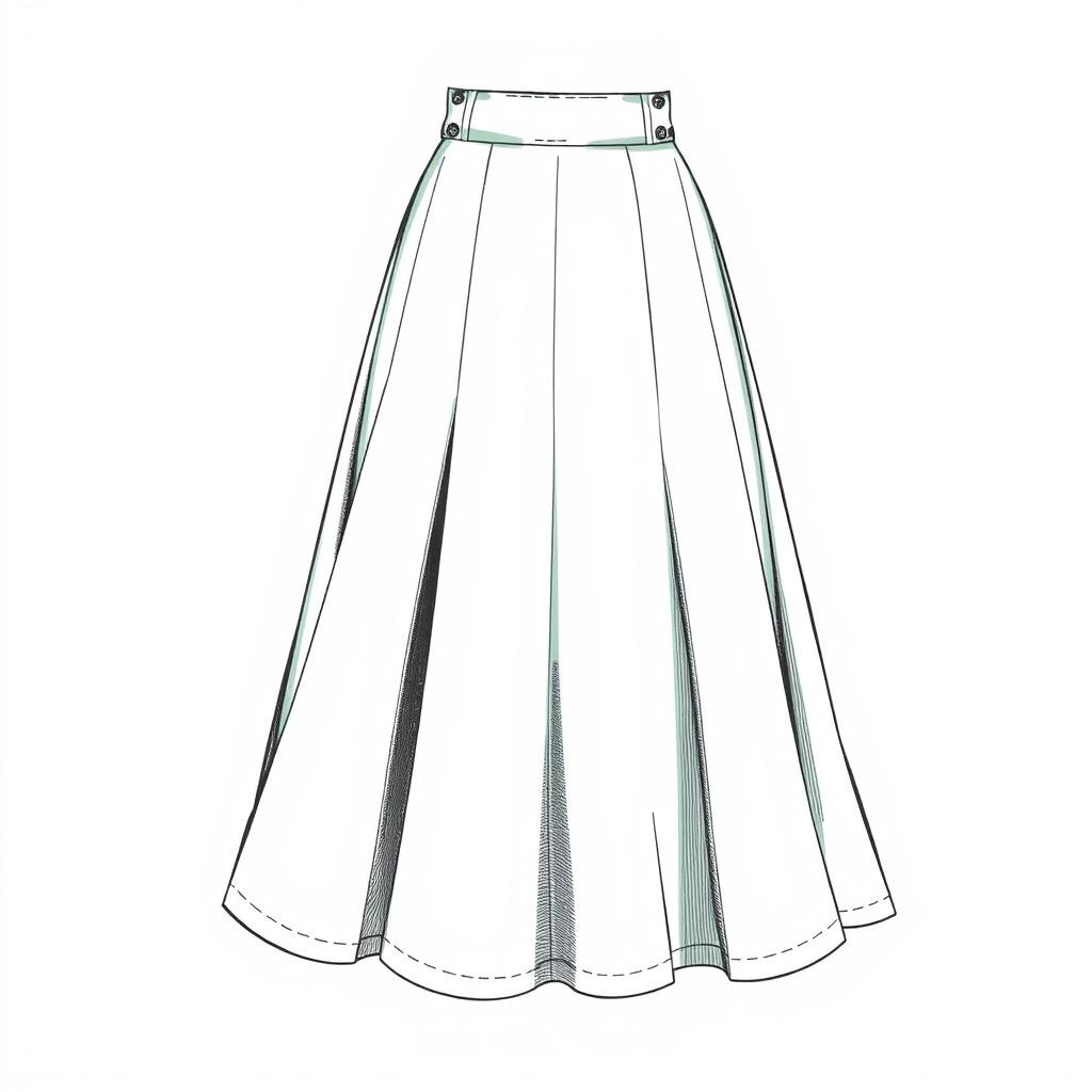 A detailed drawing of a line skirt, showcasing its classic A-line shape with a fitted waist that flares out gracefully towards the hem