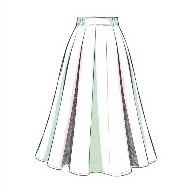 A detailed drawing of a line skirt, showcasing its classic A-line shape with a fitted waist that flares out gracefully towards the hem