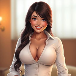 A realistic portrait of a fictional character inspired by Ariel Winter, featuring exaggerated, cartoonishly large breasts