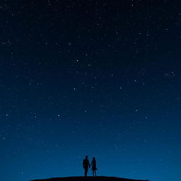 A stunning night sky filled with countless stars, twinkling brightly against a deep blue backdrop, with a romantic silhouette of a couple standing hand in hand
