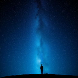 A stunning night sky filled with countless stars, twinkling brightly against a deep blue backdrop, with a romantic silhouette of a couple standing hand in hand