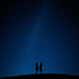 A stunning night sky filled with countless stars, twinkling brightly against a deep blue backdrop, with a romantic silhouette of a couple standing hand in hand