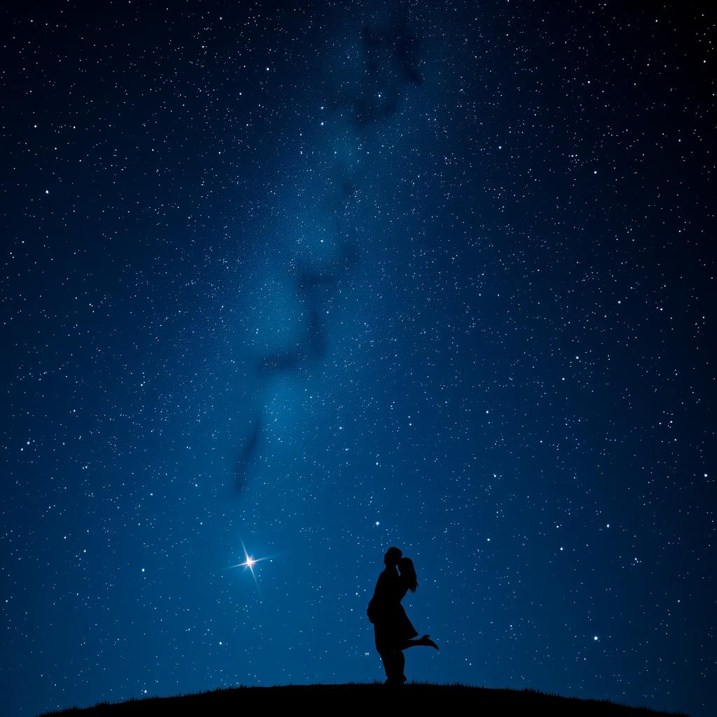 A stunning night sky filled with countless stars, twinkling brightly against a deep blue backdrop, with a romantic silhouette of a couple standing hand in hand