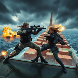 An intense action scene depicting two heroic figures bravely fighting against armed terrorists on a hijacked ship