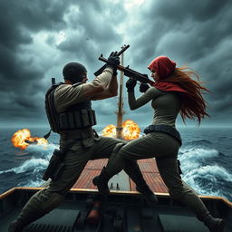 An intense action scene depicting two heroic figures bravely fighting against armed terrorists on a hijacked ship