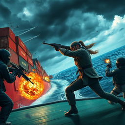 An intense action scene depicting two heroic figures bravely fighting against armed terrorists on a hijacked ship