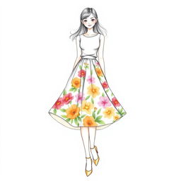 A beautifully detailed drawing of a girl wearing a line skirt