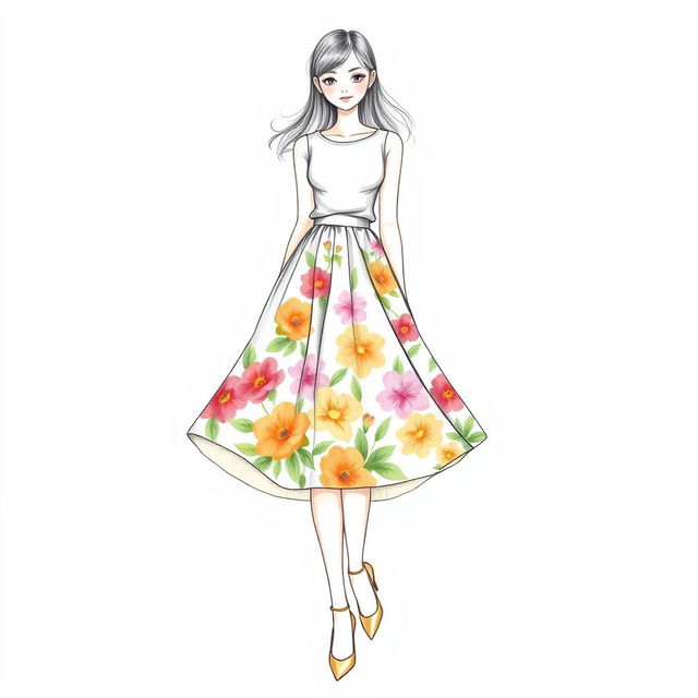 A beautifully detailed drawing of a girl wearing a line skirt