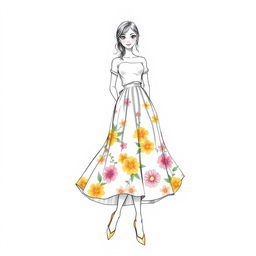 A beautifully detailed drawing of a girl wearing a line skirt