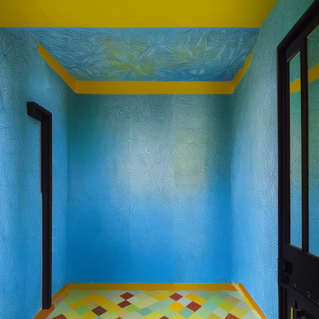 A 12x12 room featuring a chatkile color scheme, with neela (blue) and peela (yellow) walls and a striking neela (blue) floor. The room decoration complements the vibrant colours.