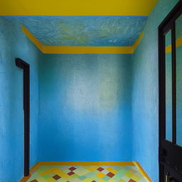 A 12x12 room featuring a chatkile color scheme, with neela (blue) and peela (yellow) walls and a striking neela (blue) floor. The room decoration complements the vibrant colours.