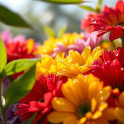 A close-up of vibrant flowers sparkling with dews, showcasing a variety of colorful petals including bright reds, yellows, and purples
