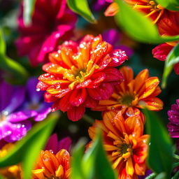 A close-up of vibrant flowers sparkling with dews, showcasing a variety of colorful petals including bright reds, yellows, and purples