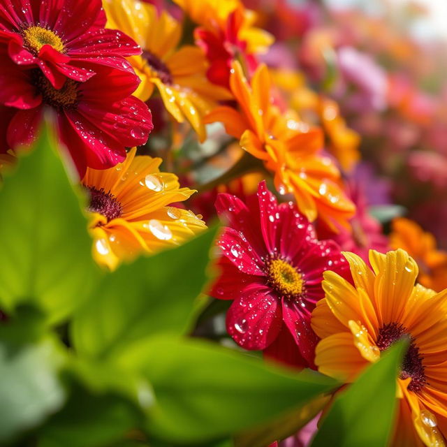 A close-up of vibrant flowers sparkling with dews, showcasing a variety of colorful petals including bright reds, yellows, and purples