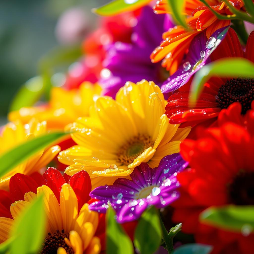 A close-up of vibrant flowers sparkling with dews, showcasing a variety of colorful petals including bright reds, yellows, and purples