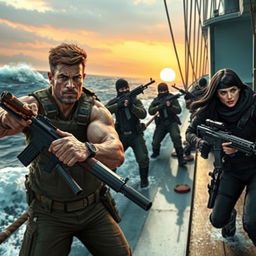 A thrilling scene on a hijacked ship, depicting two courageous heroes fighting against several armed terrorists