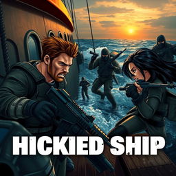 A thrilling scene on a hijacked ship, depicting two courageous heroes fighting against several armed terrorists