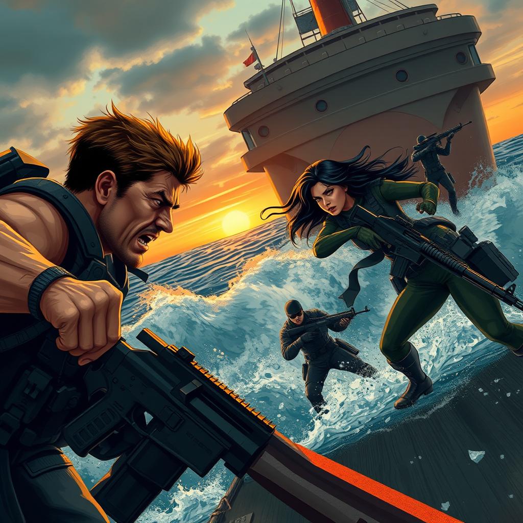 A thrilling scene on a hijacked ship, depicting two courageous heroes fighting against several armed terrorists