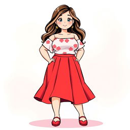 A beautifully illustrated drawing of a girl with a chubby body wearing a line skirt