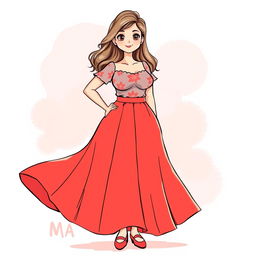 A beautifully illustrated drawing of a girl with a chubby body wearing a line skirt