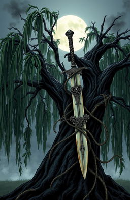 A gothic-style illustration of a majestic willow tree with long, sweeping branches growing in an intricate entanglement with an ancient sword