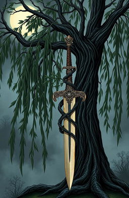 A gothic-style illustration of a majestic willow tree with long, sweeping branches growing in an intricate entanglement with an ancient sword