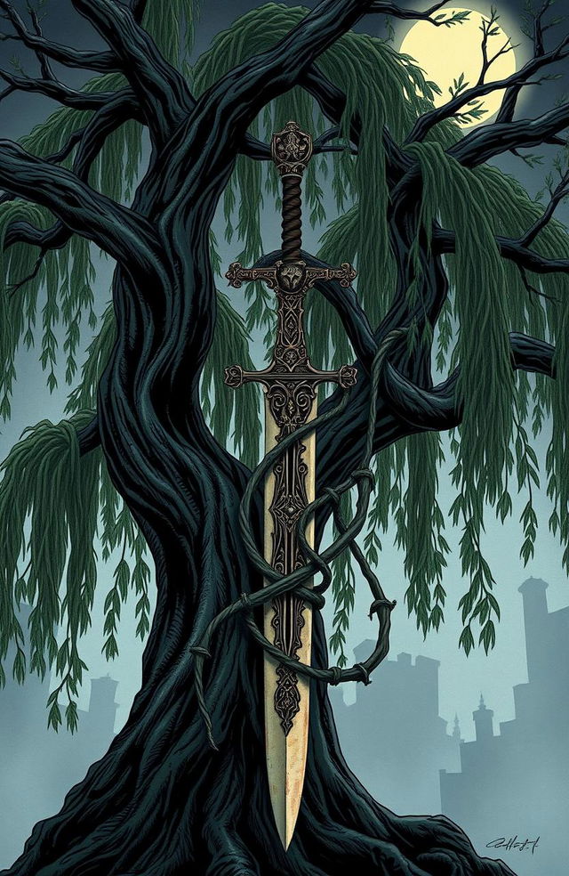 A gothic-style illustration of a majestic willow tree with long, sweeping branches growing in an intricate entanglement with an ancient sword