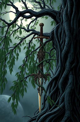 A gothic-style illustration of a majestic willow tree with long, sweeping branches growing in an intricate entanglement with an ancient sword