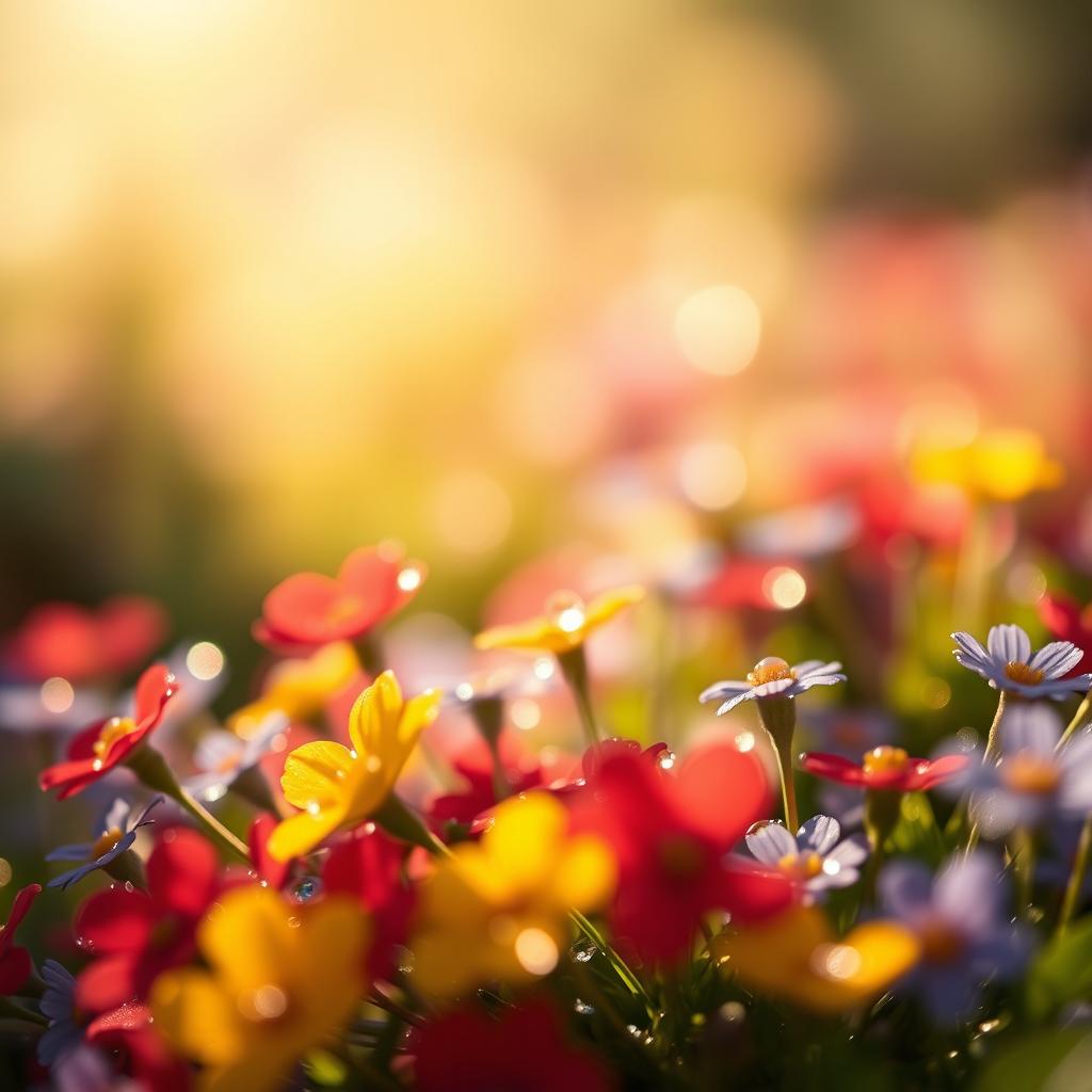 A close-up view of little vibrant flowers sparkling with dewdrops in the morning light