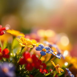 A close-up view of little vibrant flowers sparkling with dewdrops in the morning light