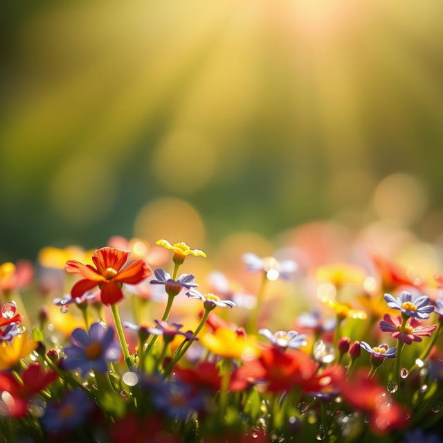 A close-up view of little vibrant flowers sparkling with dewdrops in the morning light