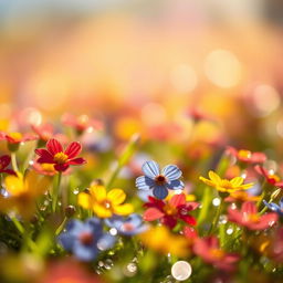 A close-up view of little vibrant flowers sparkling with dewdrops in the morning light