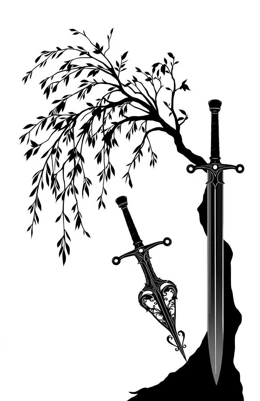 A striking monochromatic gothic outline showcasing a graceful willow tree intertwined with an ornate medieval sword