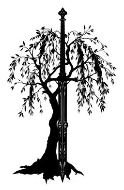 A striking monochromatic gothic outline showcasing a graceful willow tree intertwined with an ornate medieval sword