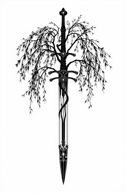 A striking monochromatic gothic outline showcasing a graceful willow tree intertwined with an ornate medieval sword