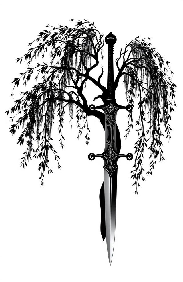 A striking monochromatic gothic outline showcasing a graceful willow tree intertwined with an ornate medieval sword