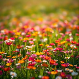 A breathtaking landscape filled with innumerous little vibrant flowers, each petal sparkling with dewdrops in the soft morning light