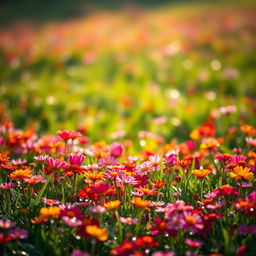 A breathtaking landscape filled with innumerous little vibrant flowers, each petal sparkling with dewdrops in the soft morning light