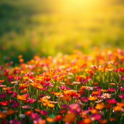A breathtaking landscape filled with innumerous little vibrant flowers, each petal sparkling with dewdrops in the soft morning light