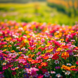 A breathtaking landscape filled with innumerous little vibrant flowers, each petal sparkling with dewdrops in the soft morning light