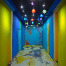 A 12x12 room featuring a chatkile color scheme, with neela (blue) and peela (yellow) walls and a striking neela (blue) floor. The room decoration complements the vibrant colours.