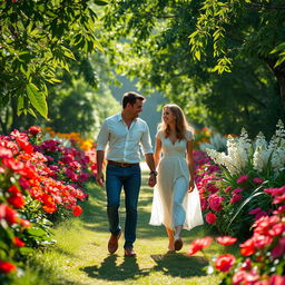 A romantic couple walking hand in hand through a beautiful garden filled with an array of vibrant flowers sparkling with dew drops