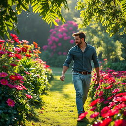 A romantic couple walking hand in hand through a beautiful garden filled with an array of vibrant flowers sparkling with dew drops