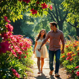 A romantic couple walking hand in hand through a beautiful garden filled with an array of vibrant flowers sparkling with dew drops