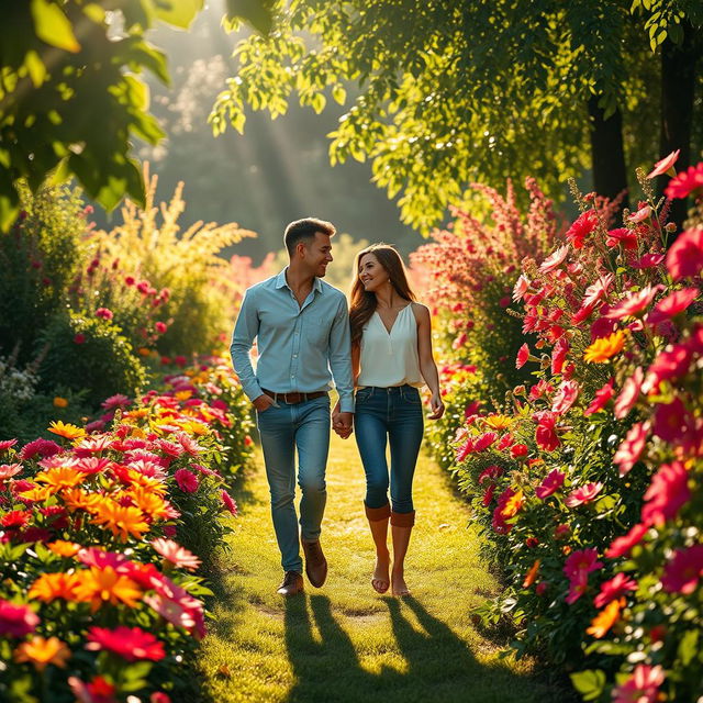 A romantic couple walking hand in hand through a beautiful garden filled with an array of vibrant flowers sparkling with dew drops