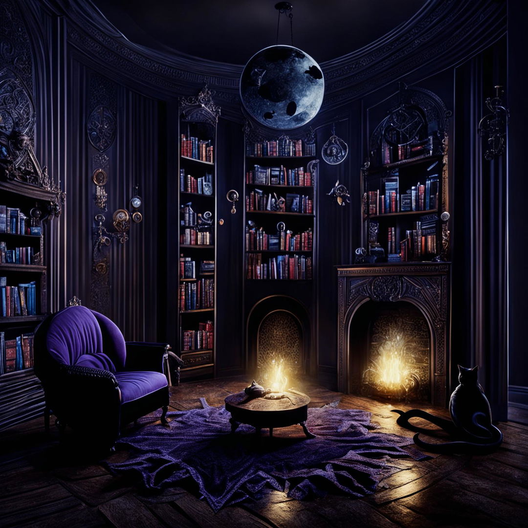 A witchcraft-inspired interior design featuring floating candles, a wooden table with witchcraft items, a velvet armchair, a bookshelf filled with old books, a black cat, a fireplace, and a magical mirror