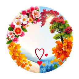 A complete circle of love represented through the four seasons: spring with blooming flowers and soft pastel colors, summer with vibrant green trees and a bright sun, autumn with colorful leaves in shades of orange, yellow, and red, and winter with a sparkling landscape of snow, all intertwined with symbols of love like hearts and intertwined hands