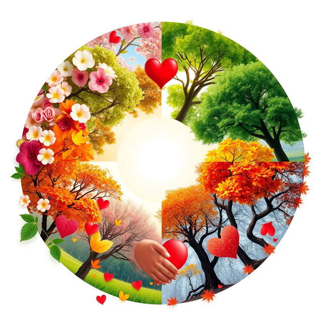 A complete circle of love represented through the four seasons: spring with blooming flowers and soft pastel colors, summer with vibrant green trees and a bright sun, autumn with colorful leaves in shades of orange, yellow, and red, and winter with a sparkling landscape of snow, all intertwined with symbols of love like hearts and intertwined hands