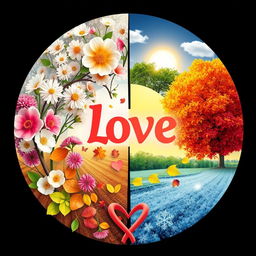 A complete circle of love represented through the four seasons: spring with blooming flowers and soft pastel colors, summer with vibrant green trees and a bright sun, autumn with colorful leaves in shades of orange, yellow, and red, and winter with a sparkling landscape of snow, all intertwined with symbols of love like hearts and intertwined hands